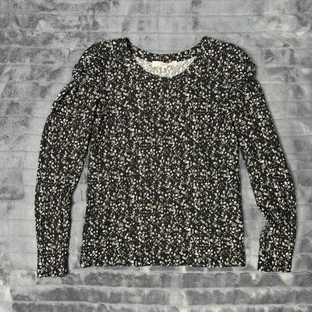 LOFT Womens Small Black Floral Puff Shoulder Long Sleeve Top Crew Neck Blouse